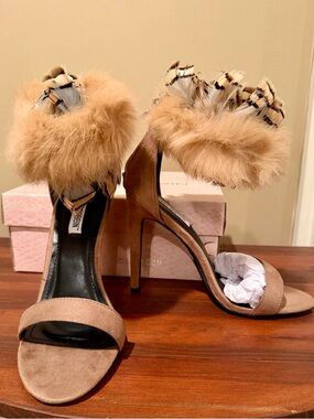 Cape Robbin Faux-Fur & Feather Ankle Strap High Heel Sandals in Tan